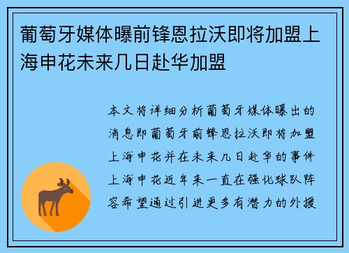 葡萄牙媒体曝前锋恩拉沃即将加盟上海申花未来几日赴华加盟