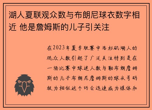 湖人夏联观众数与布朗尼球衣数字相近 他是詹姆斯的儿子引关注