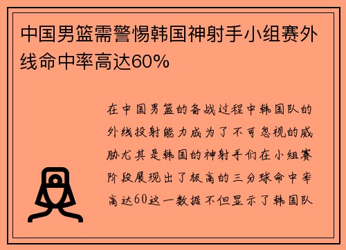 中国男篮需警惕韩国神射手小组赛外线命中率高达60% 